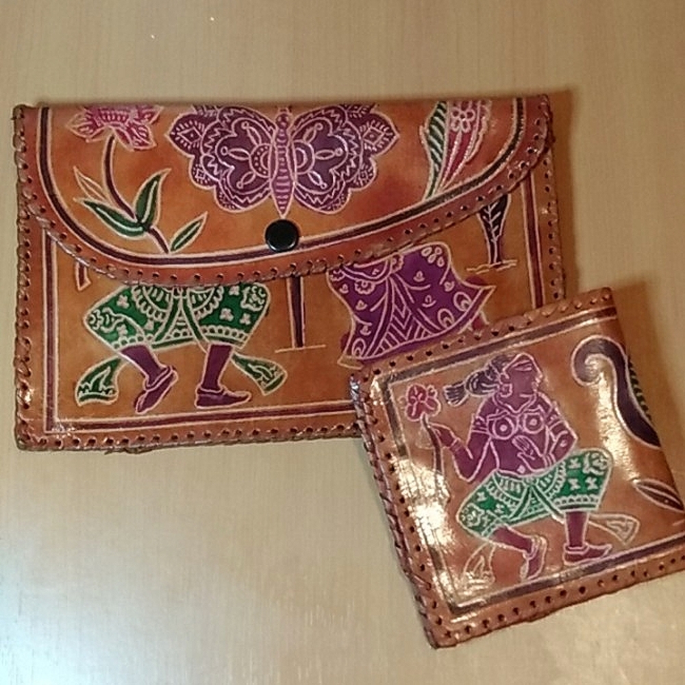 Hand Tooled Leather Tribal Clutch and Wallet